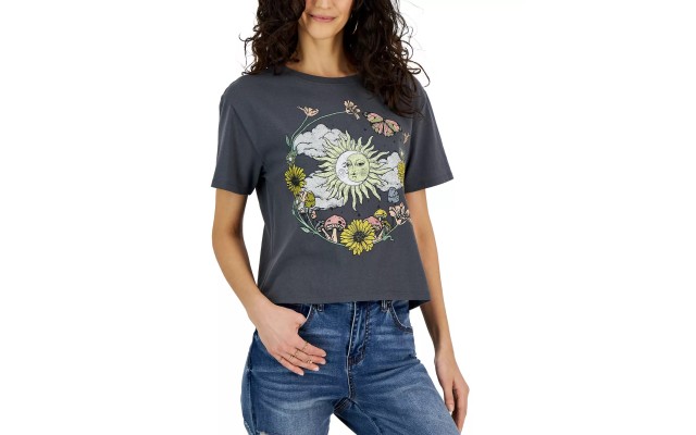  Juniors’ Celestial Circle Graphic Crewneck T-Shirt, Dark Gray, XL