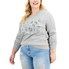 Love Tribe Trendy Plus Size Botanical Floral-Graphic Sweatshirt, Gray, 3X