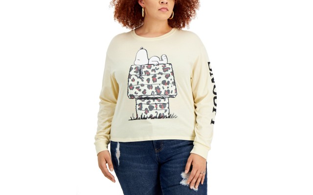  Womens Plus Size Leopard-House Snoopy-Graphic T-Shirt, Cream, 2X
