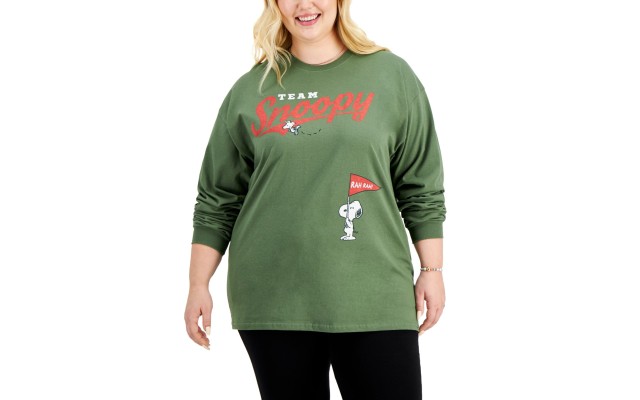  Womens Trendy Plus Size Long-Sleeve Cotton Snoopy T-Shirts, Green, 2X