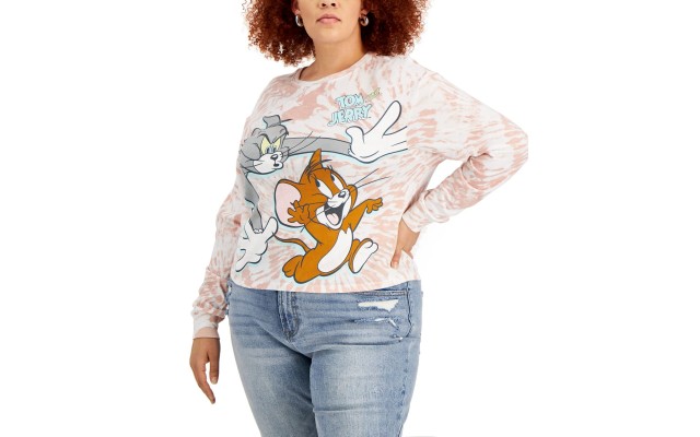  Womens Trendy Plus Size Tom And Jerry Graphic-Print Tops, White, 1X