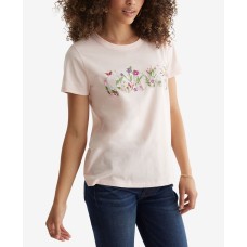 Lucky Brand Womens Floral Embroidery Cotton Knit Top, Light Pink, XS