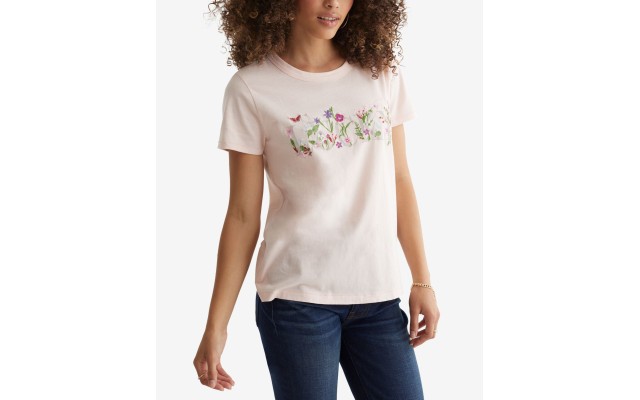  Womens Floral Embroidery Cotton Knit Top, Light Pink, XS