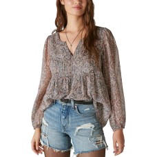 Lucky Brand Womens Open Neck Printed Peasant Top Shirts, Pink Multi, Small