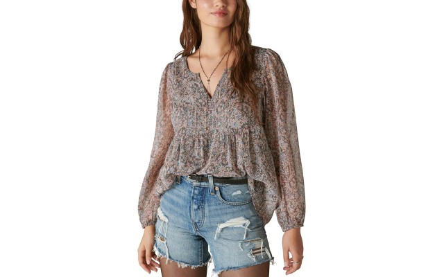  Womens Open Neck Printed Peasant Top Shirts, Pink Multi, Small
