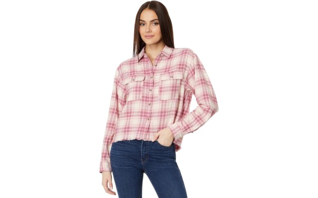  Women’s Raw Edge Cropped, Pink Blush Plaid, X-Large