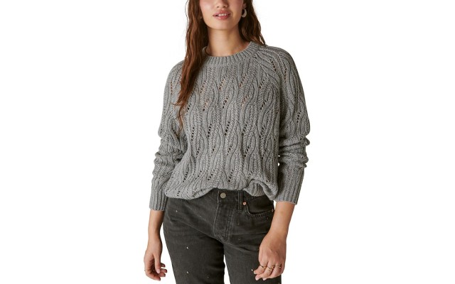  Women’s Shine Cable Knit Crewneck Sweater, Heather Grey, Medium