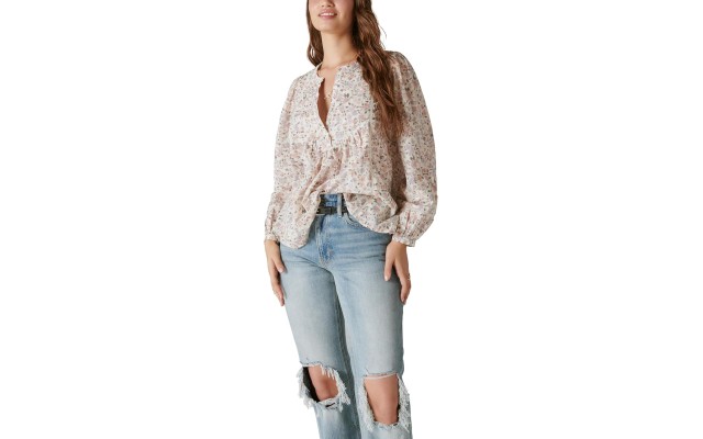  Womens Smocked Button Through Blouse Fashion T-Shirts, Whisper White Multi, XX-Large
