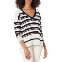 Lucky Brand Women’s V-Neck Striped Sweater, Navy Combo, Medium
