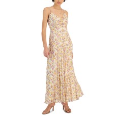 Lucy Paris Imelda Pleated Metallic Dress, Yellow Floral, Small