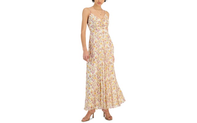  Imelda Pleated Metallic Dress, Yellow Floral, Small