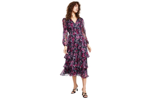  Women’s Claire Floral-Print Tiered Midi Dress, Fuschia Black, Large