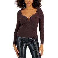 Lucy Paris Women’s Ribbed-Knit Long-Sleeve Split-Neck Top, Brown, Medium
