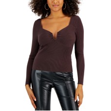 Lucy Paris Women’s Ribbed-Knit Long-Sleeve Split-Neck Top, Brown, Medium