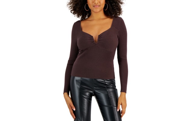  Women’s Ribbed-Knit Long-Sleeve Split-Neck Top, Brown, Medium