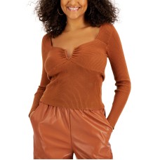 Lucy Paris Women’s Ribbed-Knit Long-Sleeve Split-Neck Top, Rust, Large