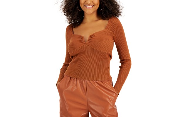  Women’s Ribbed-Knit Long-Sleeve Split-Neck Top, Rust, Small