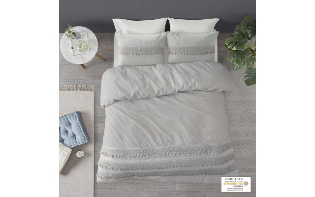  Amaya Full/Queen 3 Piece Cotton Seersucker Duvet Cover Set, Full/Queen, Gray