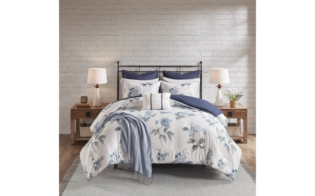  Benita Full/Queen 7pc Printed Seersucker Comforter Set, Navy