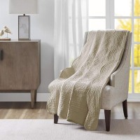 Madison Park Cotton Filled Spread, Ultra Soft, Cozy Living Room Couch, Sofa, Bed Luxe Quilted Throw Blanket-Damask Stitching Design, 60×72, Scalloped Edges Khaki