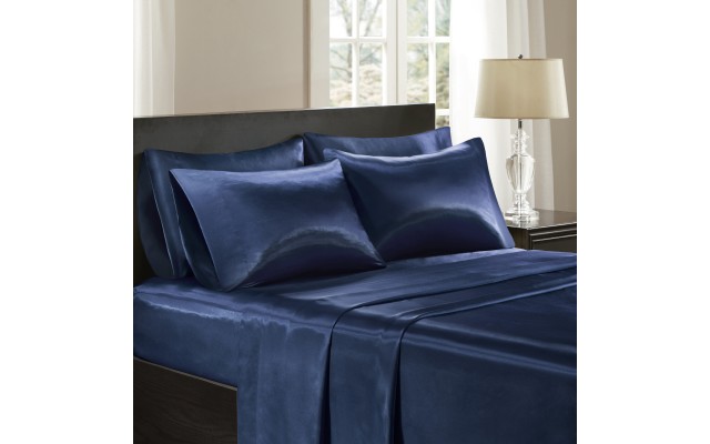  Essentials Satin 6-Pc. Sheet Set, Queen Bedding, Navy, Queen