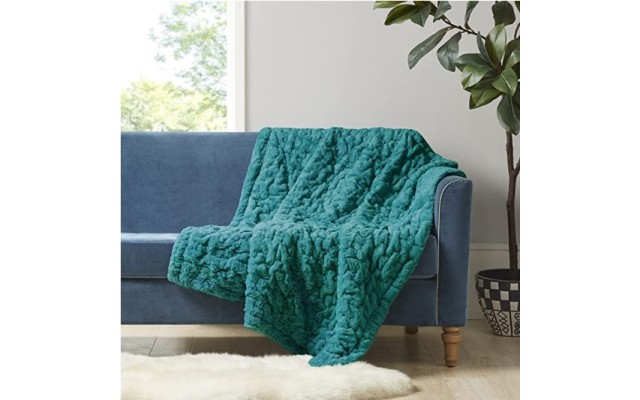  Ruched Faux Fur Luxury Throw Teal 50*60 Premium Soft Cozy Brushed Long Faux Fur For Bed, Coach or Sofa