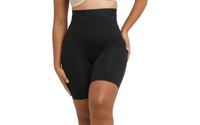 Womens Eco Lace High Waist Thigh Slimmer Shapewear, Black, Medium
