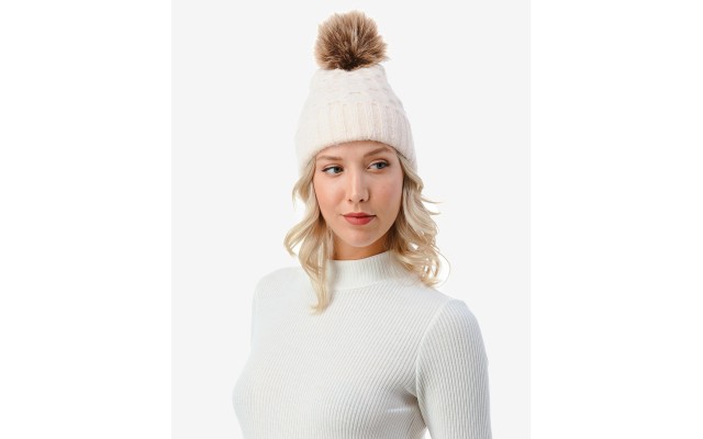 Marcus Adler Women’s Cable Knit Pom Beanie with Cuff – Ivory