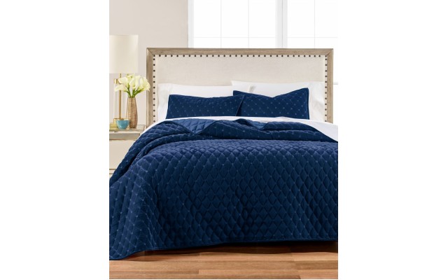  Diamond Tufted Velvet Bedding Quilts, Navy, Full/Queen