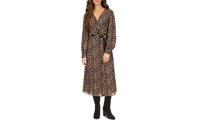  Cheetah Print Belted Shirt Dress, Camel, X-Small