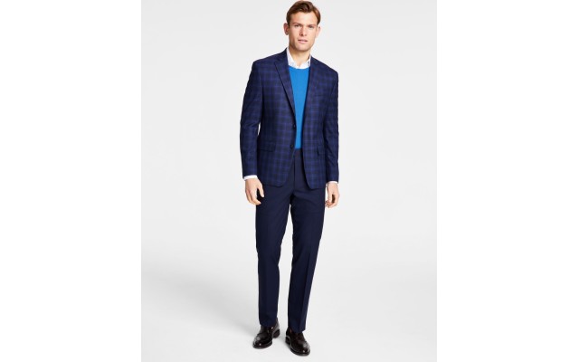  Men’s Classic Fit Notch Lapel Plaid Sport Coat, Navy/Blue, 38R