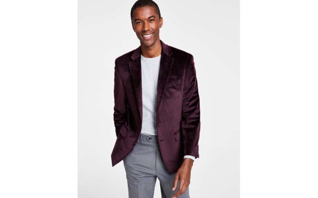  Men’s Classic Fit Velvet Sport Coats, Burgundy, 46L
