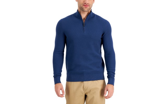  Mens Layering Collared 3/4 Zip Pullover  Sweater, Blue, X-Large