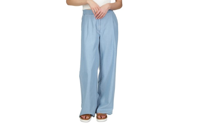  Petite Chambray Elastic-Back Wide-Leg Pull-on PantsS, Sky Blue Wash, P/XS