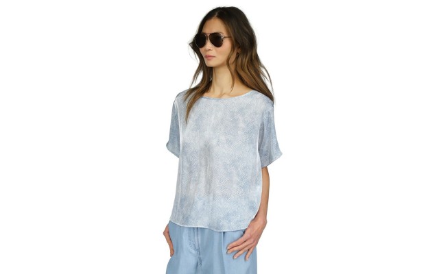  Petite Petal-Print Short-Sleeve Top – Chambray,P/ Medium