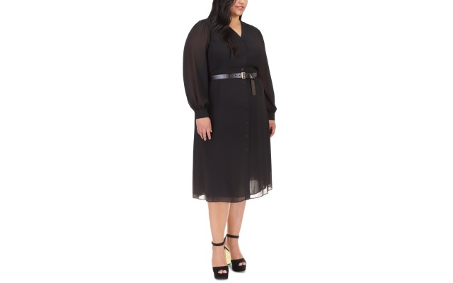  Plus Size Belted Button-up Kate Dress – Black, 1X