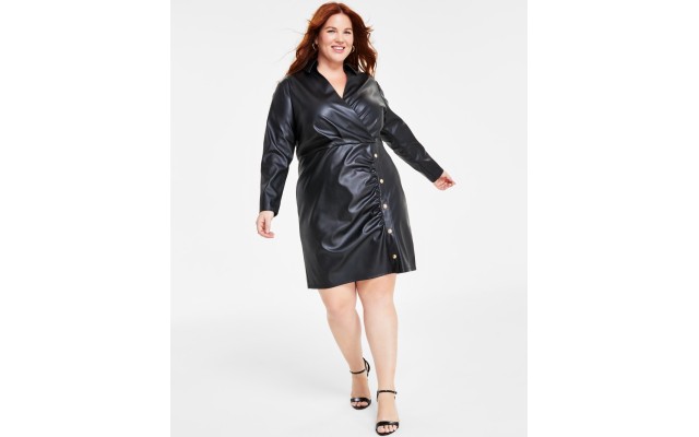  Plus Size Faux-Leather Wrap Dress – Black, 3X