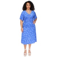 Michael Kors Plus Size Floral-Print Tie V-Neck Ruched Midi Dress, Grecian Blue, 0X