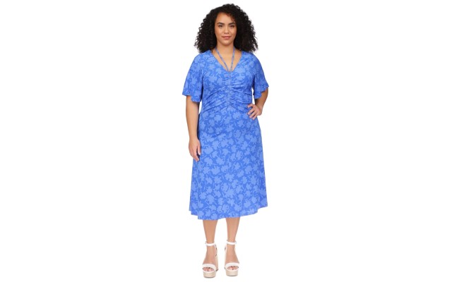  Plus Size Floral-Print Tie V-Neck Ruched Midi Dress, Grecian Blue, 0X