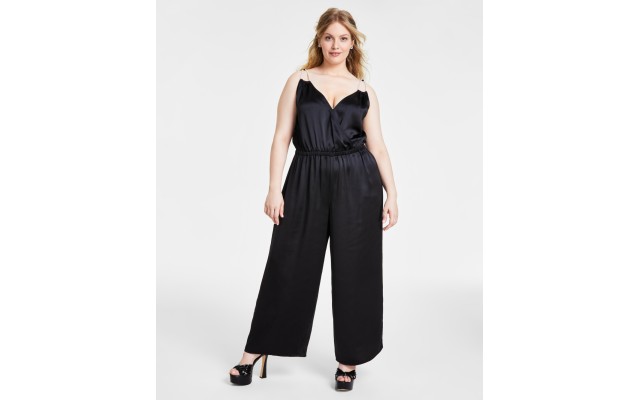  Plus Size Rhinestone-Strap Jumpsuit – Black, 1X