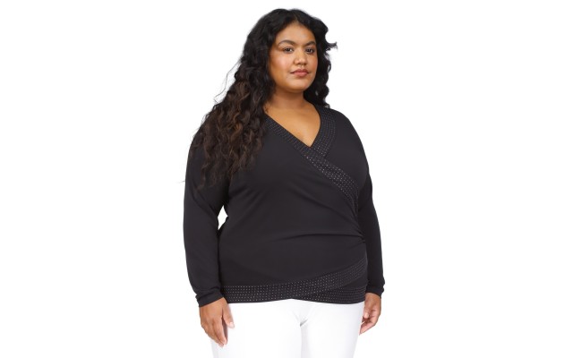  Plus Size Rhinestone-Trim Crossover Top – Black, 0X