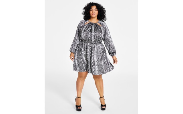  Plus Size Snakeskin-Print Chain-Neck Mini Dress – Black, 2X