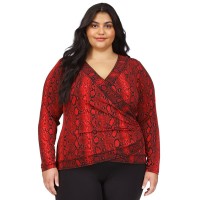 Michael Kors Plus Size Snakeskin-Print Crossover Border Top – Crimson, 1X