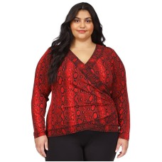 Michael Kors Plus Size Snakeskin-Print Crossover Border Top – Crimson, 1X