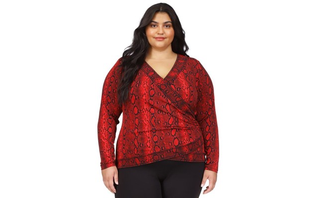  Plus Size Snakeskin-Print Crossover Border Top – Crimson, 1X