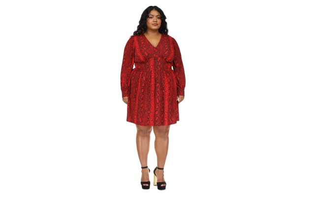  Plus Size Snakeskin-Print Mini Dress, Crimson, 2X