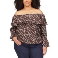 Michael Kors Plus Size Stadium Chain-Print Ruffle Top, Chocolate, 3X