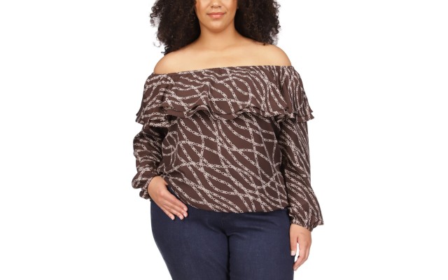  Plus Size Stadium Chain-Print Ruffle Top, Chocolate, 3X