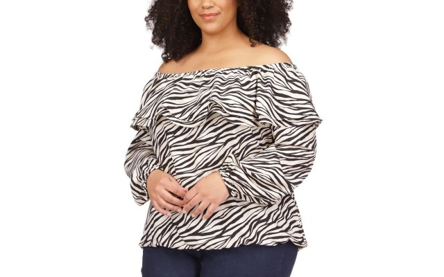  Plus Size Tiger-Print Ruffled Cold Shoulder Top – Bone, 3X