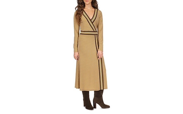  Womens Border Print Faux Wrap Dress, Marigold, Large